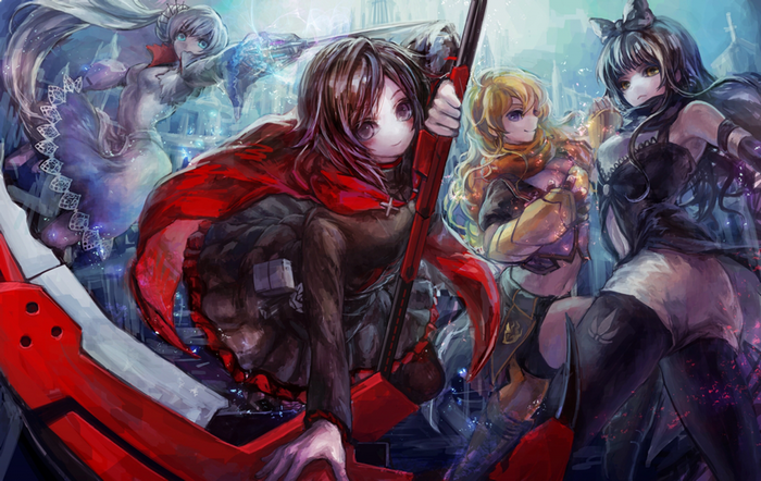 RWBY characters Ruby Rose, Weiss Schnee, Blake Belladonna, and Yang Xiao Long