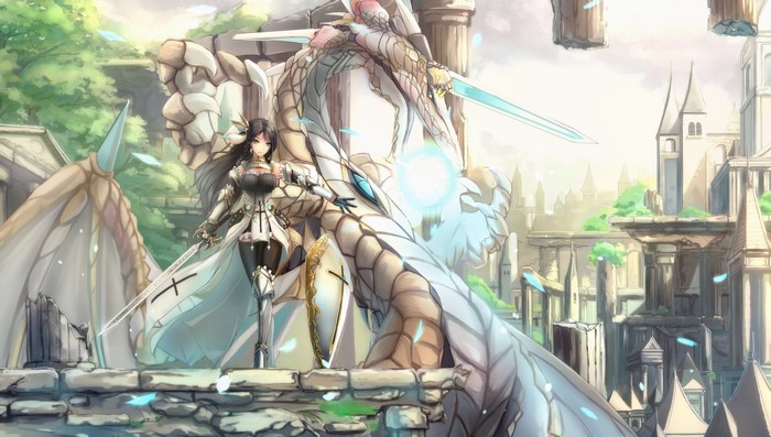 Anime girl in armor with sword and dragon