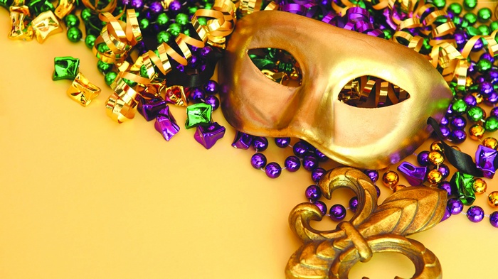 Mardi Gras mask with beads and fleur-de-lis