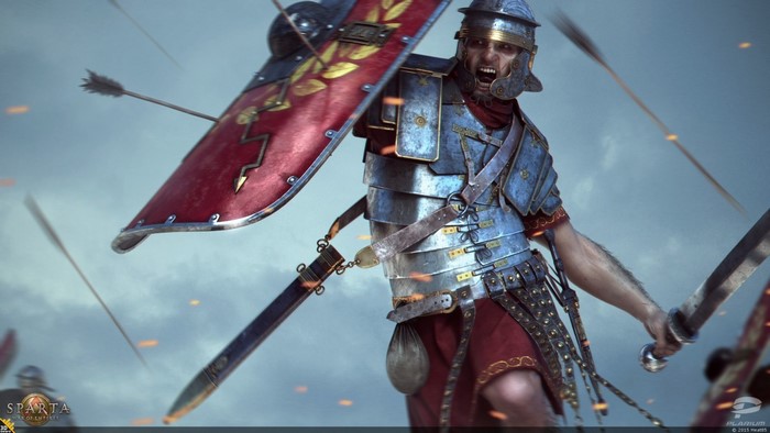 Roman soldier in battle with arrows flying