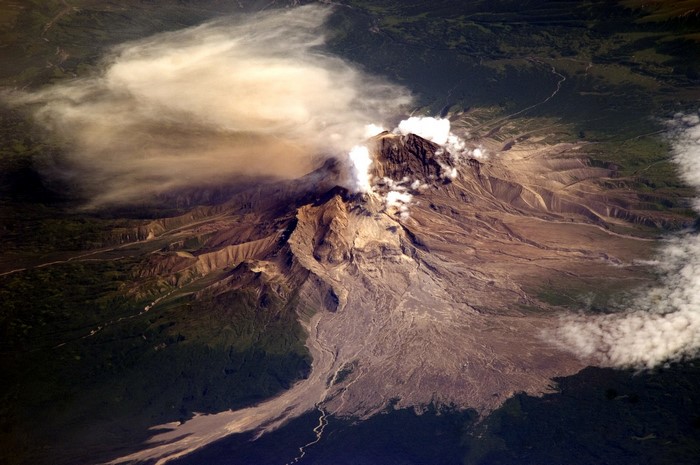 Aerial view of Mount St. Helens volcano erupting
