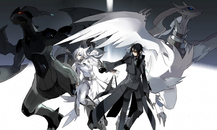 Zekrom and Reshiram with Trainers in Dramatic Duel