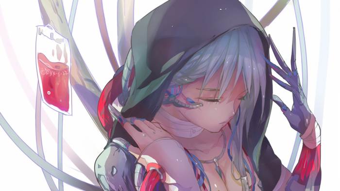 Anime girl with cybernetic enhancements and blood bag
