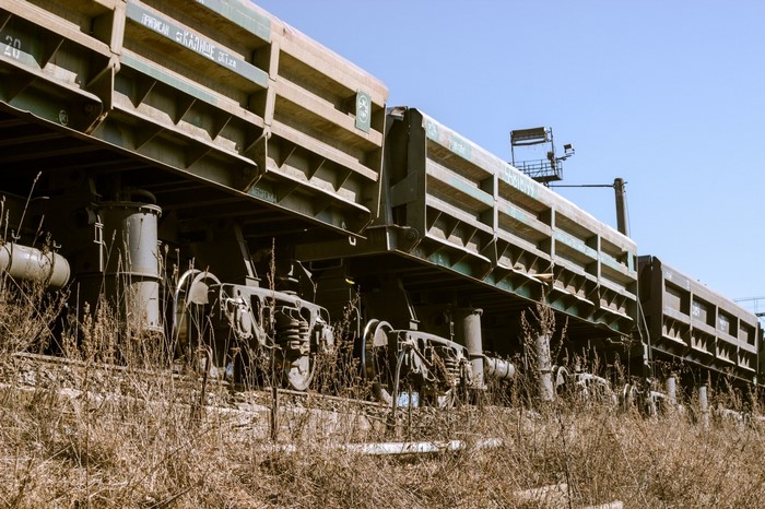 Abandoned train cars on tracks overgrown with dry grass