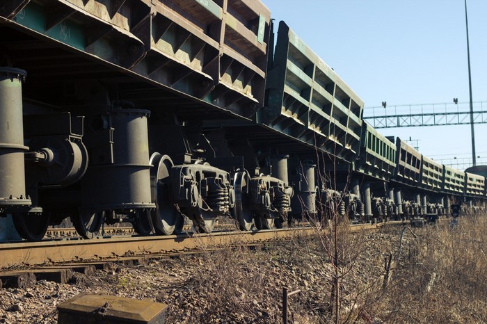 Freight train on railway tracks in Russia