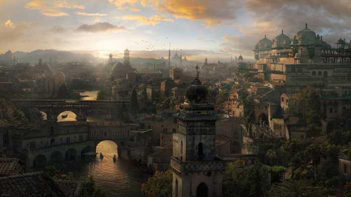 Fantasy cityscape with ancient architecture and river