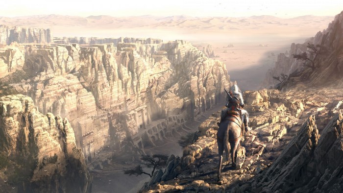Assassin on horseback in a desert canyon