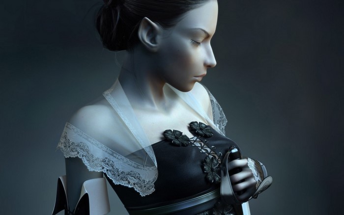 Elf woman in fantasy costume holding a sword