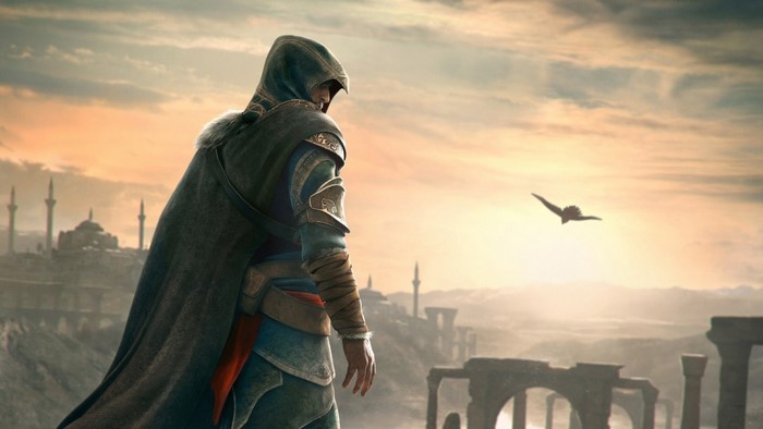Assassin from Assassin's Creed overlooking a city at sunrise
