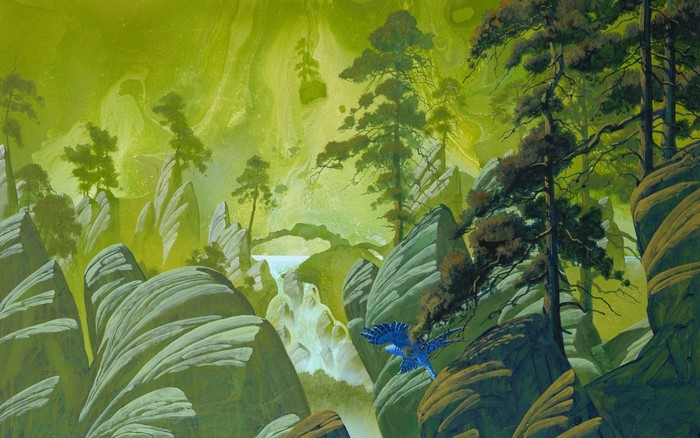 Blue bird flying in a green rocky forest