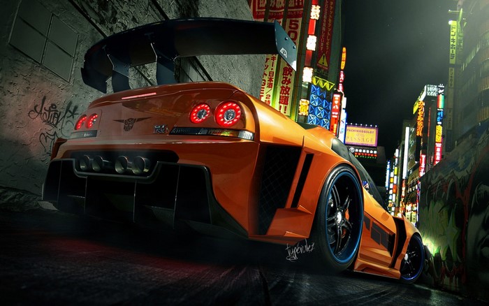 Nissan Skyline GT-R R34 in a Japanese City at Night