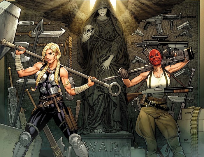 Female Thor and Red Skull surrounded by weapons