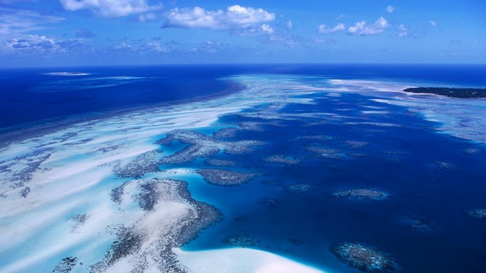 Aerial view of coral reefs and ocean
