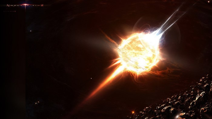Exploding Sun in Outer Space with Asteroids
