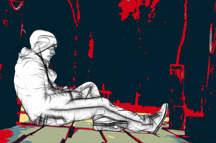 Man sitting in a sketch style with red and blue background