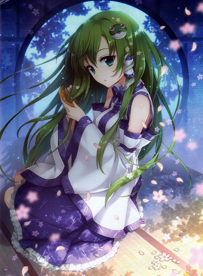 Kochiya Sanae from Touhou holding a snack
