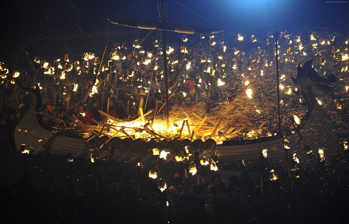 Up-Helly-Aa Festival Viking Ship Burning with Torches