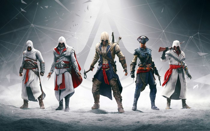 Assassin's Creed characters in a digital landscape