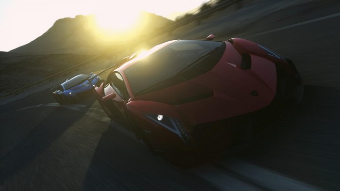 Lamborghini Veneno and another sports car racing at sunset