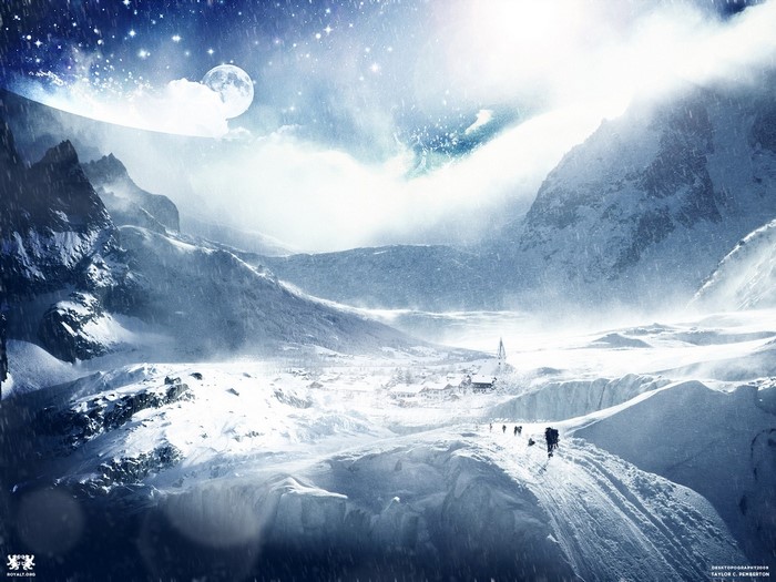 Snowy mountain village under a starry sky with moon