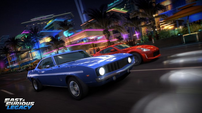 Fast & Furious Legacy screenshot with two cars racing at night