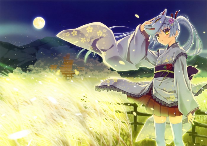 Anime girl in kimono holding a fox mask under the moon