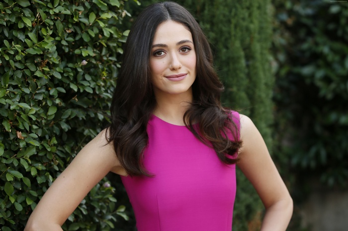 Emmy Rossum in a pink dress