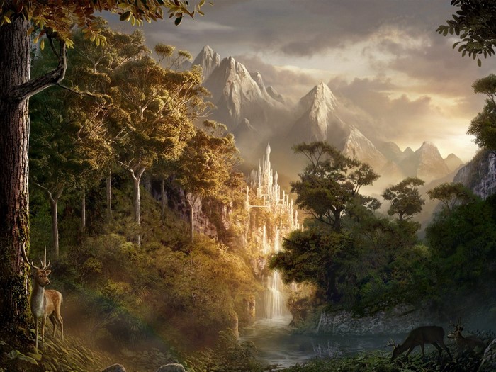 Fantasy elven castle in a sunlit forest valley with mountains