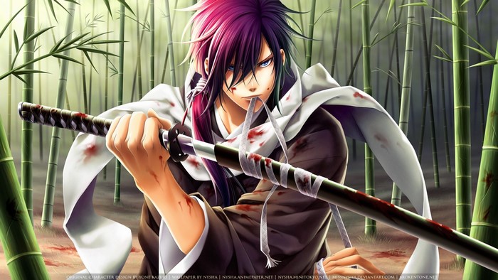 Anime character with katana in bamboo forest