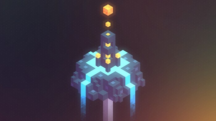 Isometric Trixel structure with blue and orange lights
