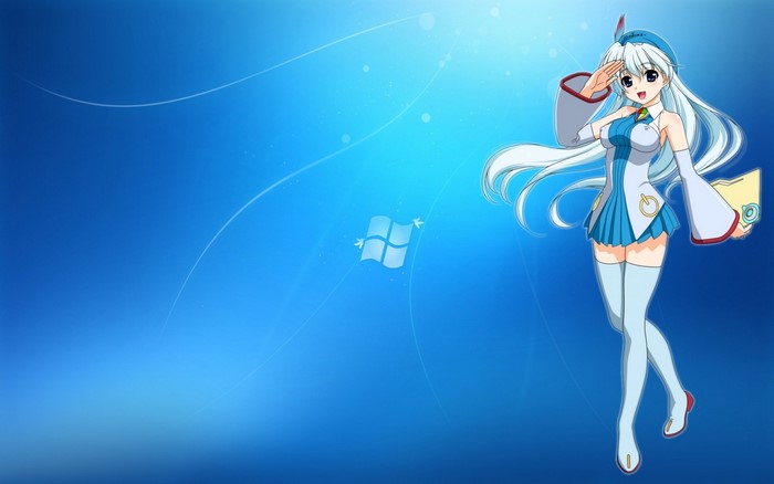 Anime girl saluting on Windows background