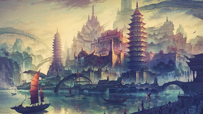 Fantasy Asian city with pagodas and boats