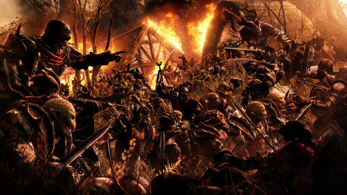 Orcs and demons in a fiery battle