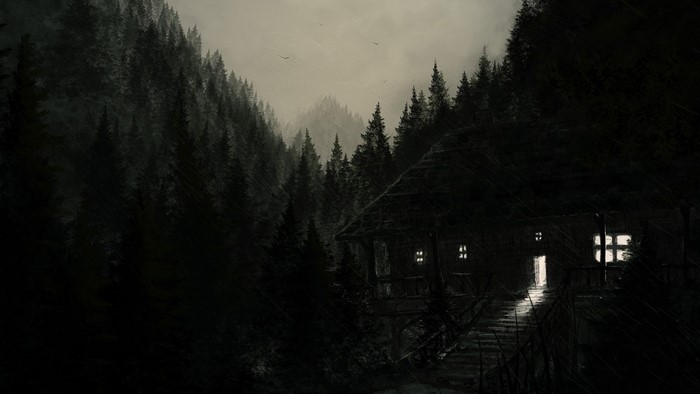 Dark forest with a cabin and glowing windows