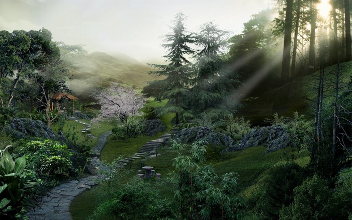 Misty forest landscape with sunbeams and a gazebo