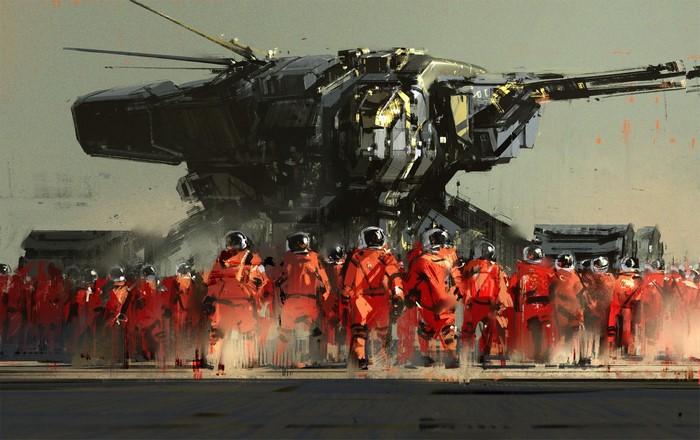Astronauts in orange suits near a large spacecraft