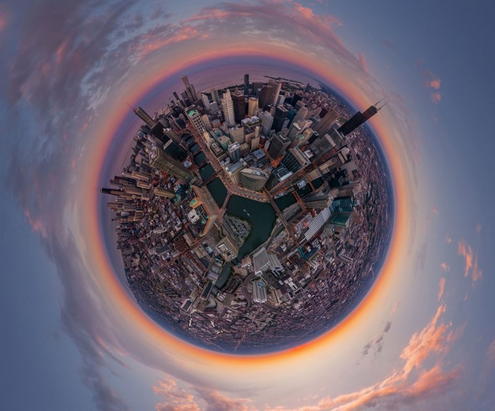 Chicago cityscape in a panoramic sphere at sunset