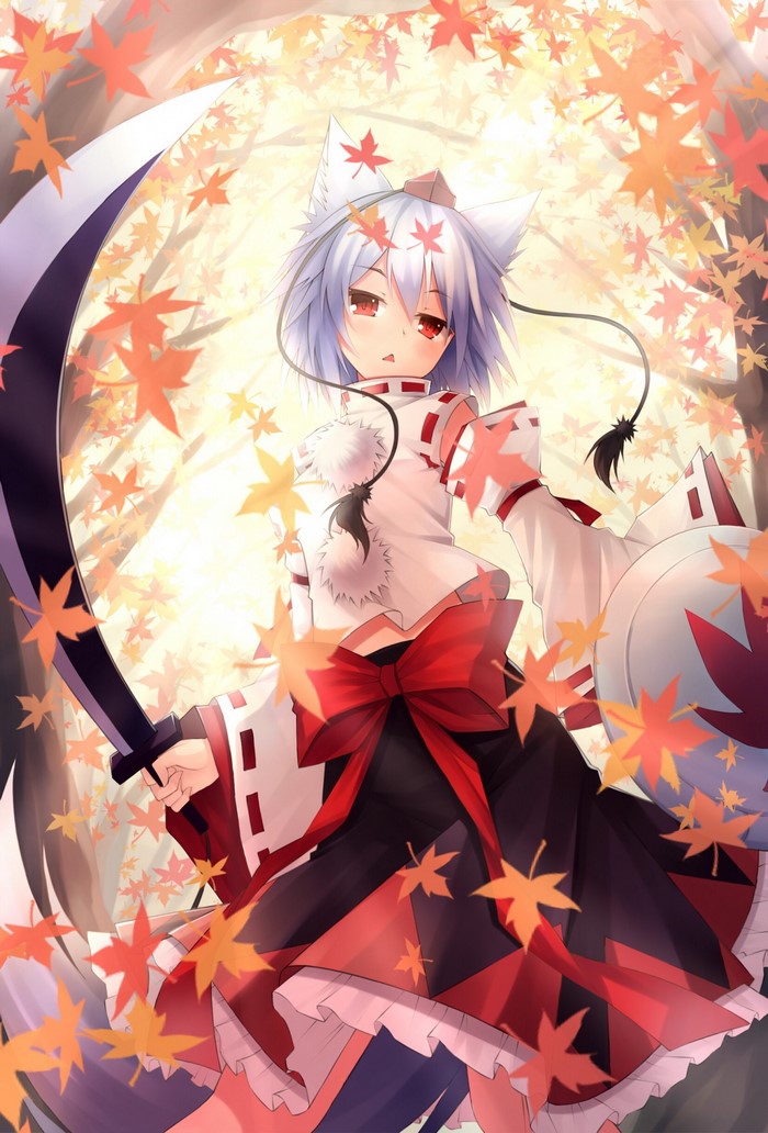 Inubashiri Momiji from Touhou with a sword and shield