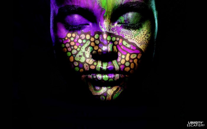 Face with colorful liquid patterns and Liquicity Escapism logo