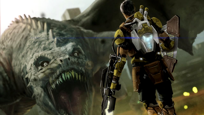 Soldier with a gun facing a monster
