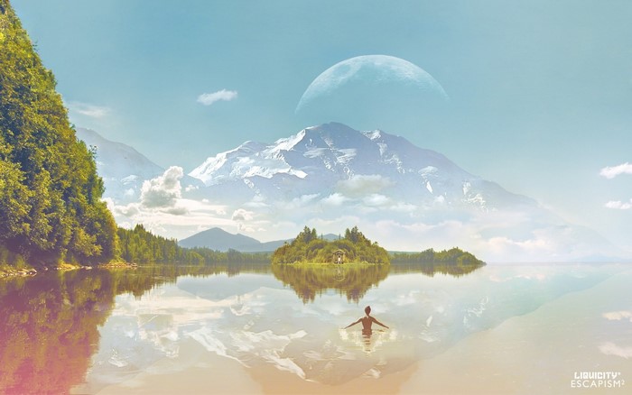 Liquicity Escapism: Person in lake with mountains and moon