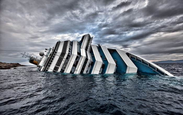 Costa Concordia shipwreck listing in the sea