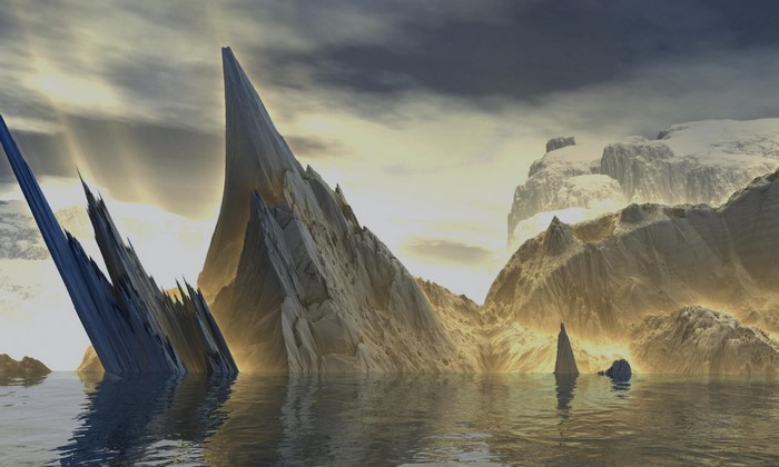 Fantasy landscape with sharp rock formations and sunlight