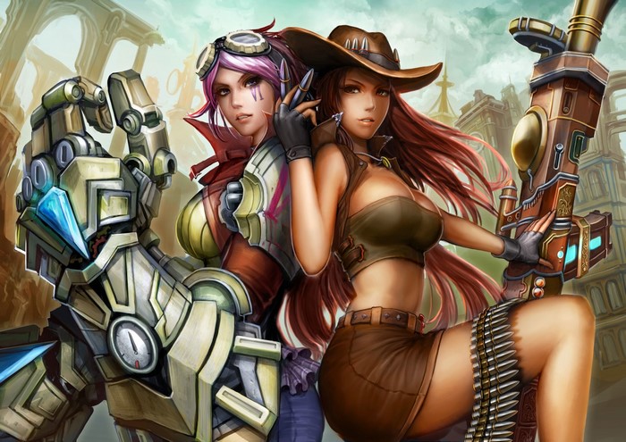Vi and Caitlyn from League of Legends with a robot