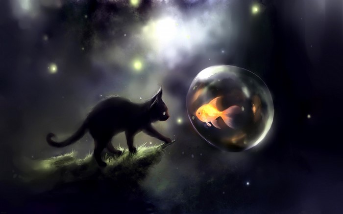 Glowing Cat and Goldfish in Cosmic Bubble