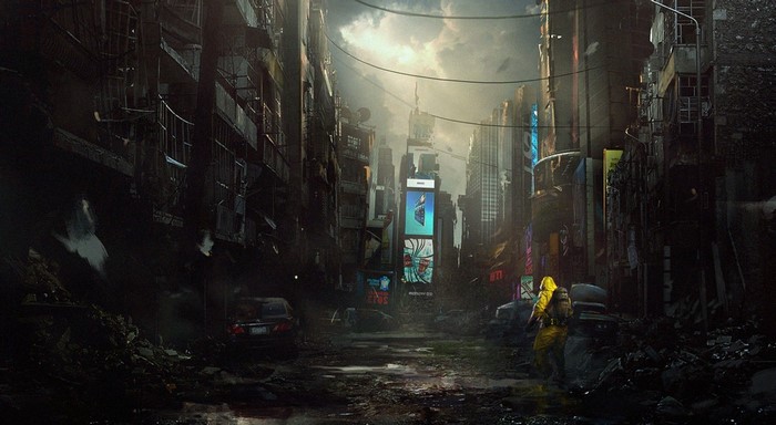 Post-apocalyptic city street with a person in a hazmat suit