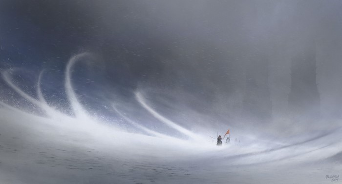 Figures in a blizzard with swirling snow