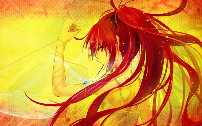 Anime girl with red hair and yellow background