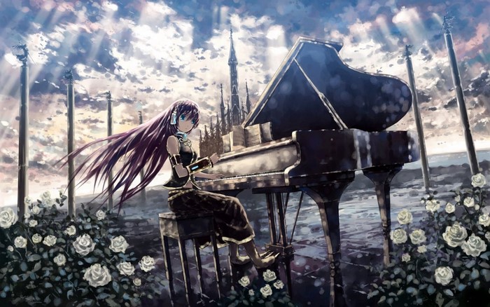 Megurine Luka from Vocaloid playing piano with roses and castle