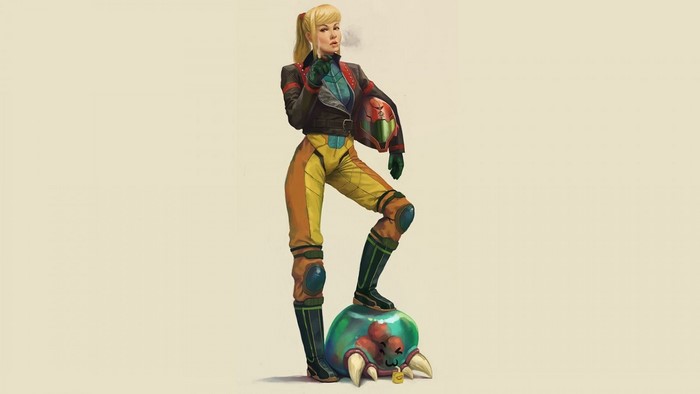 Samus Aran from Metroid standing on a Metroid
